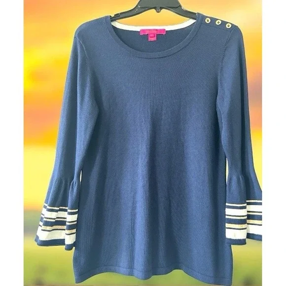Lily Pulitzer Navy Blue Pullover Sweater 3/4 Bell Sleeve Gold Detail Size Medium - Picture 1 of 10